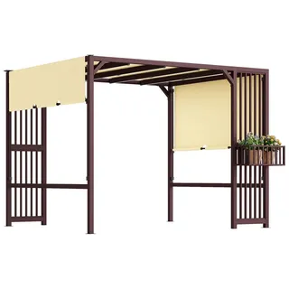 Outsunny Pergola Pavillon 3x2,5m UV 30+Stabil winterfest Sonnenschutz mit verstellbar Schiebedach Sichtschutz Pflanzgefäße freistehend Gartenpavillon