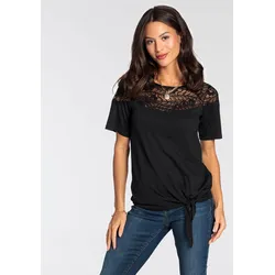 Wickelshirt LAURA SCOTT, Damen, Gr. 36, schwarz, Single Jersey, Spitze, Obermaterial: 95% Viskose, 5% Elasthan. Spitze: 95% Polyester, 5% Elasthan, feminin, figurumspielend hüftlang, Rundhals, Halbarm Raglanärmel, Shirts, halbarm, figurumspielende Passform, aus Single Jersey und Spitze