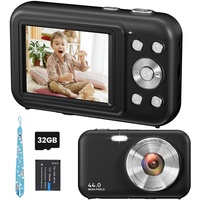 Digitalkamera Fotokamera, FHD 1080P 44MP Kinder Kompaktkamera mit 32GB Karte, Wiederaufladbare Digital Kamera mit 16X Digitalzoom, 2.4" LCD Fotoapparat für Kinder, Mädchen, Jungen, Anfänger(Schwarz)