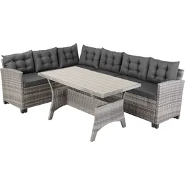 CASARIA CASARIA® Polyrattan Ecklounge Set WPC Esstisch Ecksofa inkl. 7 cm Sitzauflagen 15 cm Kissen Wetterfest Outdoor Lounge Garten Terrasse Balkon Möbel