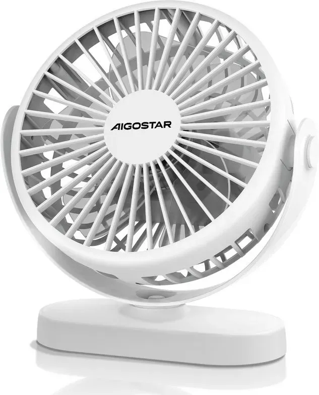 Aigostar Wiederaufladbarer USB-Tischventilator, 6-Zoll-Tischventilator mit 3 Geschwindigkeitsstufen, Automatische Oszillation, 1500 mAh Akku, Integriertes Nachtlicht, Leiser persönlicher Kühlventilator für Zuhause, Büro, Schlafzimmer und Reisen, Weiß