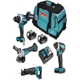 Makita DLX4157TX1 Akku-Kombo-Kit 18V (DDF486+DTD153+DGA504+DJR187) / 2 Akkus + Ladegerät in Transporttasche, Petrol/Schwarz