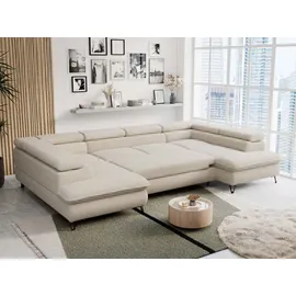MKS Meble Ecksofa mit Schlaffunktion, Bettkasten, U-form, einstellbare Kopfstützen - PETER U - Boucle - Beige, - Beige