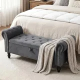 Clevich Sitzbank mit Stauraum 133cm, Samtmaterial, Umdrehen Mit Booster-Gasstange, Fußstütze mit stabilen Holzbeinen, Sofabank fur Flur, Schlafzimmer, Wohnzimmer, 133x53x46 cm, Grau