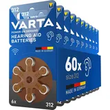 VARTA Hörgerätebatterien Typ 312 Braun, Batterien 60 Stück Vorratspack, Power on