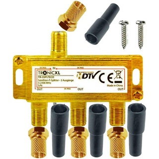 TronicXL Sat Splitter 3-Fach HD tauglich digital Antennenverteiler TV Verteiler + F-Stecker Adapter mit Wetterschutz + DC-Durchlass kompatibel mit für DVBT DVBC Unitymedia Vodafone Kabelfernsehen