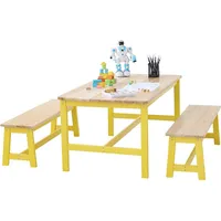 VEVOR Kindersitzgruppe Kindertisch, 2 Bänke 1 Tisch Kindersitzgruppe aus Massivholz, Kindertisch-Set Stabile Kindermöbel Sitzmöbel für Kinder, Mädchen, Jungen, Spielzimmer Kindermöbelset Gelb