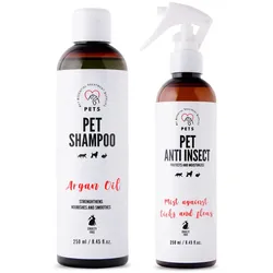 PETS ANTI INSECT - wirksamer Schutz gegen Zecken, Flöhe und andere Insekten 250ml + PET Shampoo Arganöl_Shampoo 250ml Hypoallergen