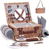 Picknickkorb mit Decke und Weinbeutel für 2 Weiden-Picknick-Set mit isoliertem Innenfutter, Kühltasche, Korb für Camping, Hochzeit, Valentinstag, Geschenk – verstärkter Griff, Streifen