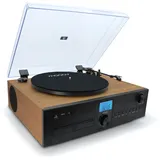 Mooov 477365 HiFi-Mikrosystem mit Radio, CD-Player und Vinyl-Plattenspieler mit 33, 45, 78 U/min, Bluetooth-Stereoanlage – integrierte Lautsprecher – Holzoptik