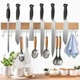 Dmore Magnetleiste Messer mit 10 Haken,43 cm Messerhalter magnetisch aus Holz, Magnet Messerhalter mit extra Starkem Magnet, inklusive Klebeband und Schrauben