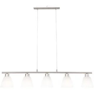 ETC Shop etc-shop Esstischlampe Hängelampe Esstisch Hängeleuchte silber höhenverstellbar, 5 flammig, Metall nickel Glas weiß 5x E14 Fassungen HxLxB 120x93x13cm