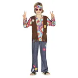 Fiestas Guirca Hippie Kostüm Jungen – 70er Jahre Outfit mit Hippie–Stirnband, buntem Batik–Oberteil, Weste und Hose für Jungen von 7-9 Jahren