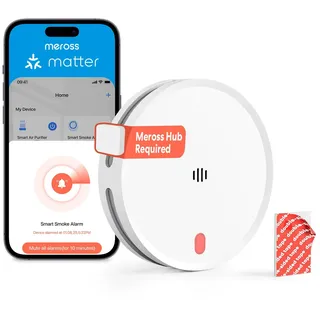 Meross WLAN Rauchmelder Vernetzt mit APP Warnmeldung, Smart Feuermelder mit Dual-Lichtsensor, Brandmelder mit 0,8 mm Insektennetz, 33 mm, Hub erforderlich, 1 Stück