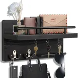 Fayavoo Schlüsselhalter für die Wand mit 5 Schlüsselhaken, Holz Schlüsselbrett mit Ablage Wandmontage Schlüsselaufhänger Rustic Schlüsselablage für Schlüssel Aufbewahrung Heimdekoration (schwarz)