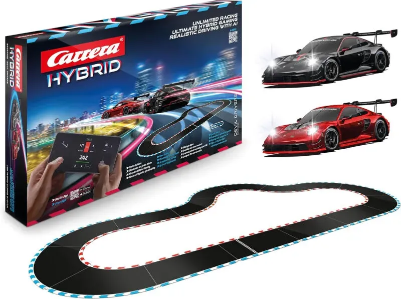 Carrera HYBRID Teufelsfahrer, Rennspaß der neuen Generation, Legendäre Rennboliden Porsche 911 GT3 R im Maßstab 1:50, Hybrid-Technologie mit KI-Unterstützung, Steuerung per Smartphone-App
