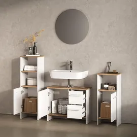 livinity® Waschbeckenunterschrank Amalfi, Weiß/Goldkraft Eiche, 70.2 x 57 cm mit 2 Schubladen und 1 Tür