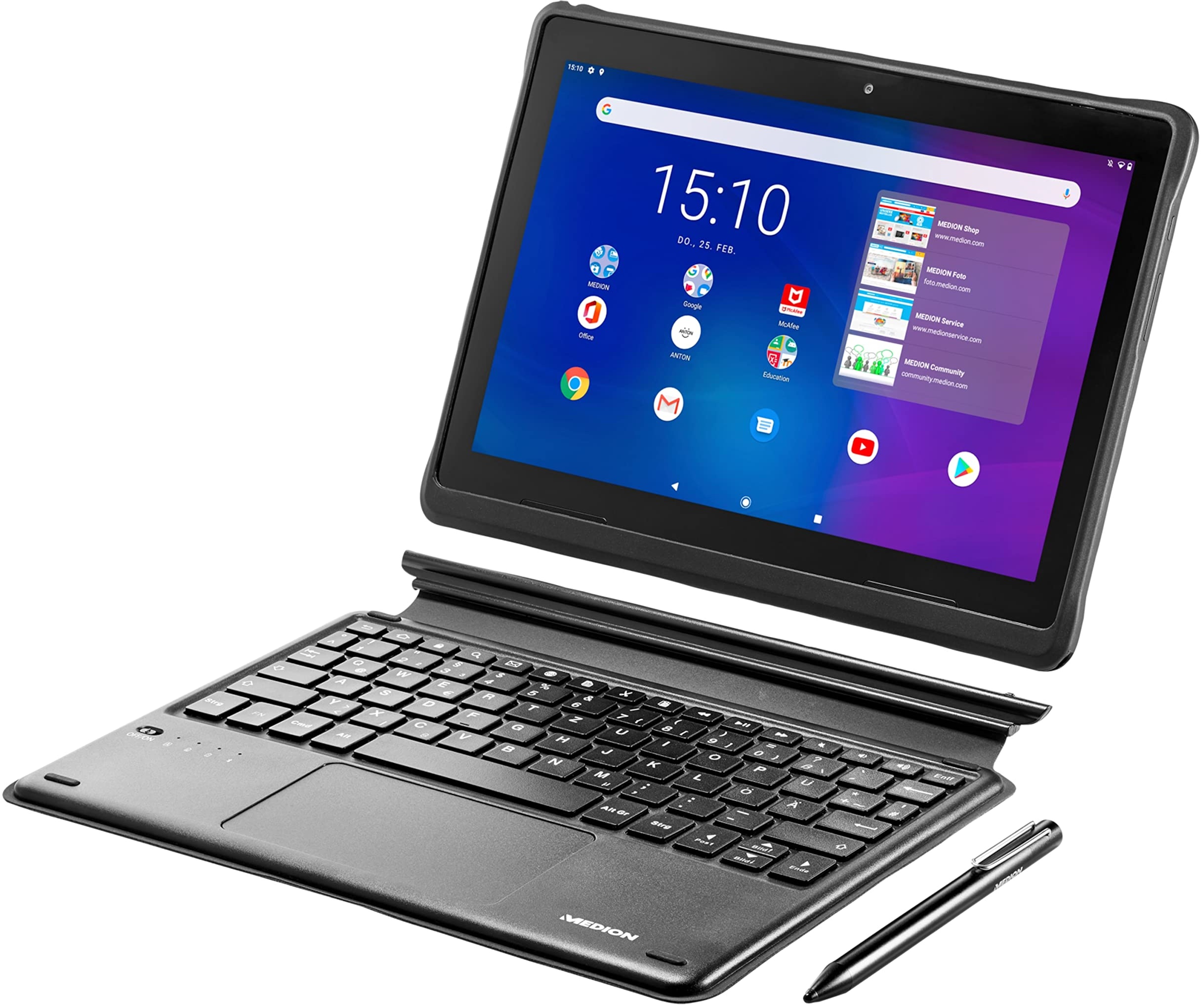 MEDION E10900 25,5 cm (10 Zoll) Full HD Tablet inklusive Tastatur (LTE, Android 10, Quad Core Prozessor, USB Typ C, 3GB RAM, 32GB Speicher, WLAN, Bluetooth, 8MP Kamera) schwarz