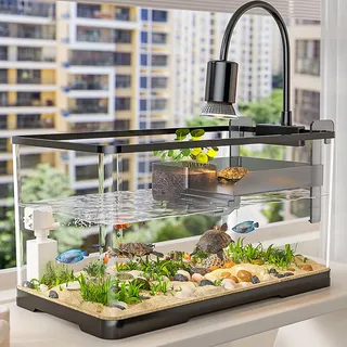 Schildkröten-Tank-Set von MYBSXKEOZ: Aquarium mit Schwimmender Plattform, Licht, Filter, Farbigen Felsen Und Kleine Pflanze - Reptilien Aufzuchtbox Für Schildkröten (L)