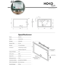 PonteSino HOKO ANTIBESCHLAG LED Badspiegel 100x60cm+Uhr+Lichtwechsel Warmweiß-Kaltweiß-Neutral. Licht mit Touch Schalter/Wandschalter einschaltbar. Bochum - Transparent