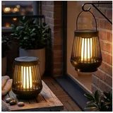 Spetebo LED Laterne Solar Laterne schwarz mit Flammeneffekt, Dämmerungssensor, LED fest integriert, orange, 2er Set, LED Deko Lampe für Außen zum Hängen oder Stellen