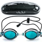 Proswims Schwimmbrille mit Antibeschlag-Beschichtung, graue Gläser mit schnell verstellbarem elastischem Bungee-Riemen, Hartschalentasche und Mikrofaser-Reinigungstuch