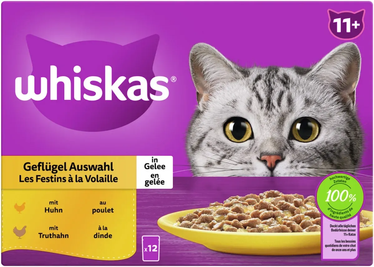 Whiskas 11+ Geflügel Auswahl Gelee Multipack 12 x 85 Gramm Katzennassfutter