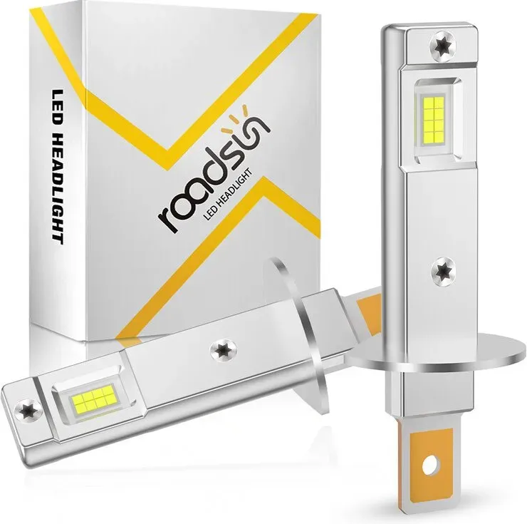 Roadsun LED-H1-Scheinwerferbirne, 500 % hohe Helligkeit, H1 Nebelscheinwerfer, 6500 K weißes Licht mit starker Penetration, Lichtlebensdauer 50.000 Stunden+, verbessertes Design, Mini-Größe, Plug & Play, innerhalb von 3 Minuten