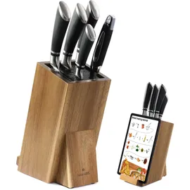 Navaris Messerblock mit Smartphone- und Tablethalter - Messerblock ohne Messer - Multifunktionaler Küchenmesser Block aus langlebigem Akazienholz - Waschbare Borsten