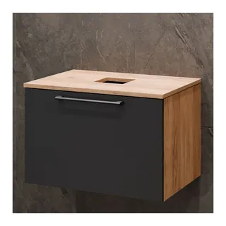 Planetmöbel Waschtischunterschrank Astra 60 cm gold eiche / anthrazit mit Aufsatzwaschbecken schwarz, Spiegel (mit LED) und 2x Midischrank gold eiche / anthrazit