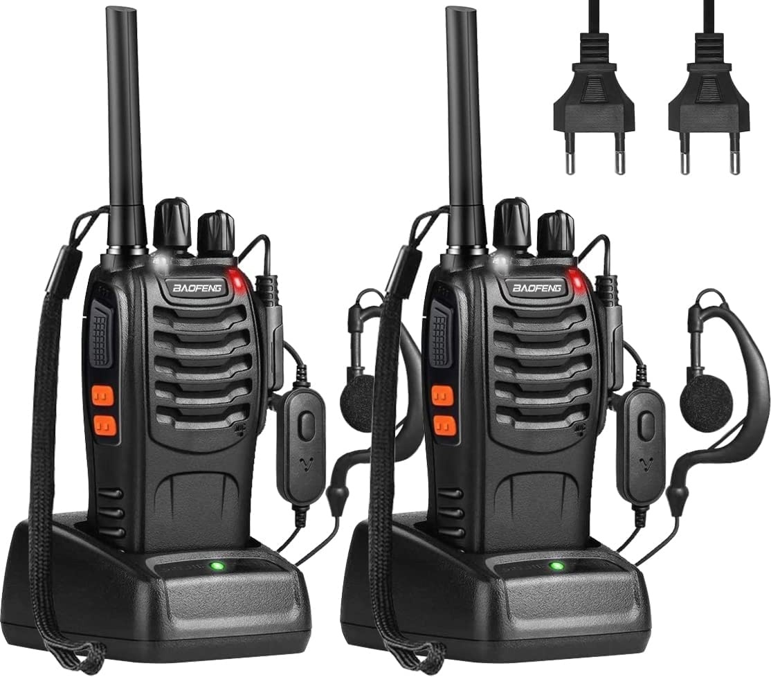 Walkie Talkies PMR446 Funkgeräte 16 Kanäle 2 Stück Walky Talky Set Tragbares wiederaufladbares Radio mit Kopfhörer und LED-Licht für Outdoor-Sport, Baustelle