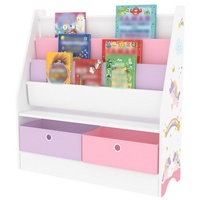 [en.casa] Kinderregal ‘Neda’ mit 3 Fächern und 2 Faltboxen Einhorn-Motiv 74 x 71 x 23 cm - Rosa