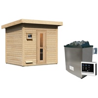 Karibu Gartensauna Saunahaus Hytti 3 inkl. 9-teiligem gratis Zubehörpaket Energiesparende Saunatür mit Glaseinsatz 9 kW Ofen inkl. Steuergerät