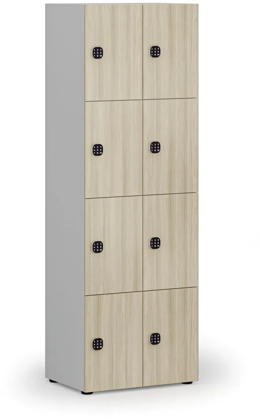 Holzspind S4 mit Ablagefächern, 8 Fächer, zerlegt, Codeschloss, grau/Eiche natur