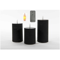 Coen Bakker Deco BV LED-Kerze Wax Candles (Set, 4-tlg., mit Fernbedienung), 3 Stück schwarz Fernbedienung 10, 12.5 und 15cm geriffelt schwarz