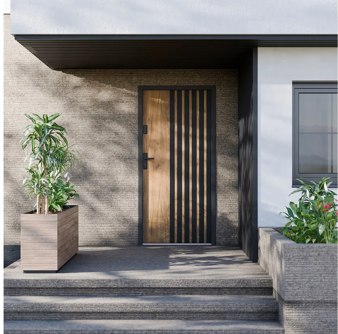 Eingangstür aus Stahl, voll H207 x B100 cm - Eichenoptik mit schwarzen Streifen - Stärke 55 mm - DIN rechts - COBRITA