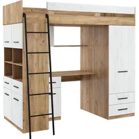 FurnitureByJDM Hochbett mit Schreibtisch, Schubladen, Kleiderschrank und Bücherregal - Level L - (CraftGold/CraftWeiß)