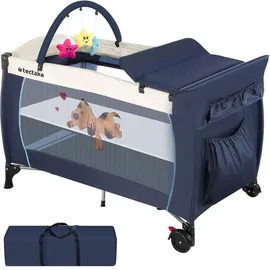 Tectake tectake® Kinder Reisebett, klappbar und höhenverstellbar, 2 Rollen mit Bremsen, inklusive Tragetasche, 132 x 75 x 104 cm