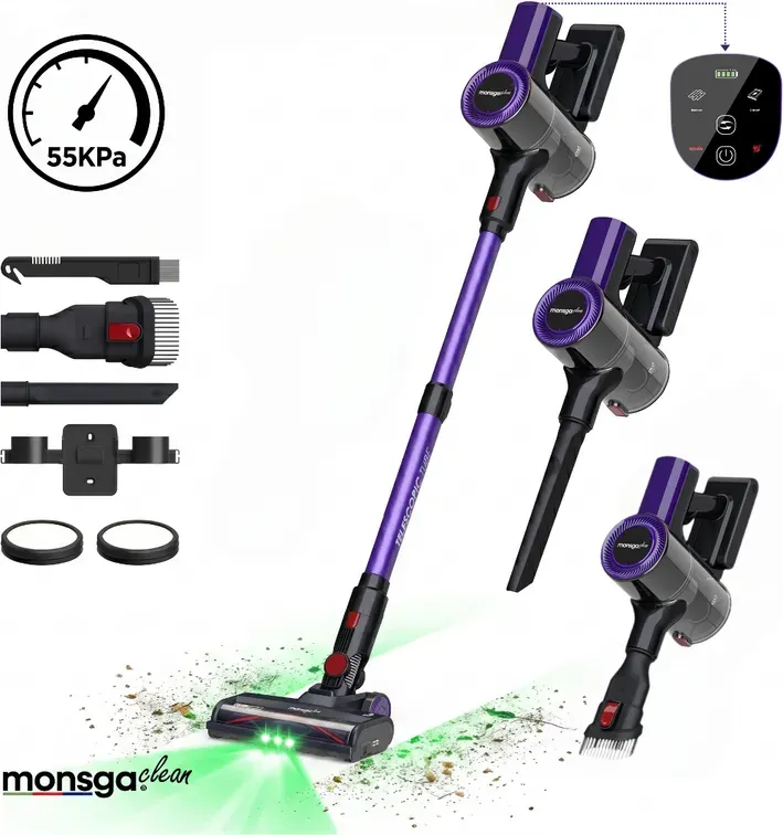 Monsga M100 kabelloser Stabstaubsauger, 55.000 Pa, bis zu 50 Min. Laufzeit, für Zuhause, Touch-Display, Anti-Verhedderungs-Design, Standfunktion, wiederaufladbar, geeignet für Tierhaare/Teppiche, grünes Licht zur Staubanzeige