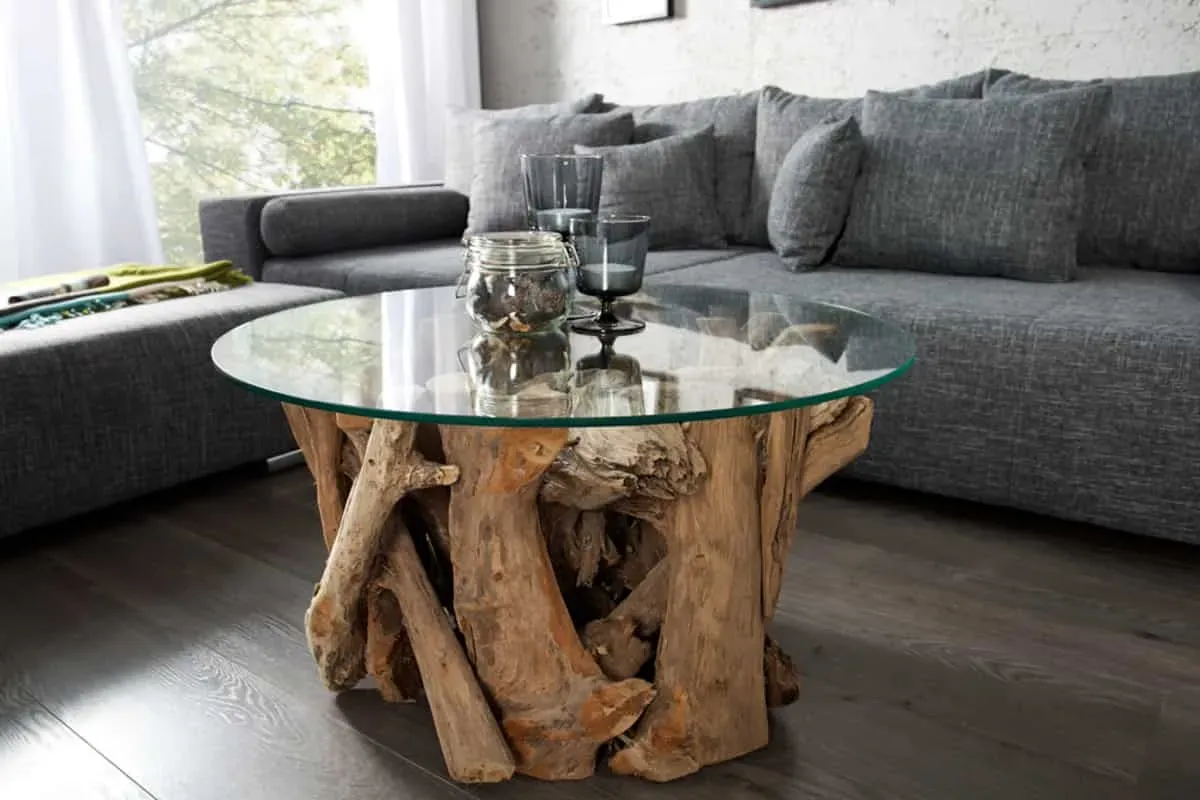 Design Couchtisch NATURE LOUNGE 60cm Teakholz mit runder Glasplatte Beistelltisch