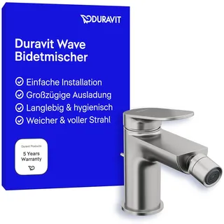 Duravit Wave Einhebel-Bidetarmatur (Auslauf Höhe 85 mm), Bidetmischer mit Zugstangen-Ablaufgarnitur, Edelstahl gebürstet