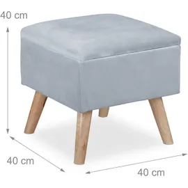 Relaxdays Samthocker mit Stauraum, gepolstert, eckig, mit Holzbeinen, Wohnzimmer Sitzhocker, HBT: 40x40x40 cm, hellgrau