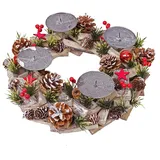Mendler Adventskranz HWC-H50, Weihnachtsdeko Adventsgesteck Weihnachtsgesteck, Holz rund Ø 33cm ~ ohne Kerze