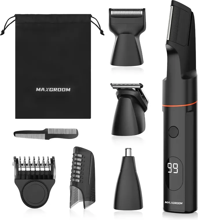 MAXGROOM Body Groomer für Herren, 7-in-1 kabelloser Body-Haartrimmer mit magnetisch austauschbaren Aufsätzen, verstellbarer Führungskamm 1–9 mm, IPX6 wasserdicht, LED-Anzeige, Ganzkörper-Pflegeset