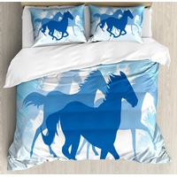 Bettwäsche Milbensicher Allergiker geeignet mit Kissenbezügen, Abakuhaus, Microfaser, Tier Blaue Töne Galoppierende Pferde blau 200 cm x 200 cm