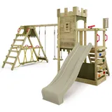 FATMOOSE Spielturm Ritterburg BoldBaron mit Schaukel SurfSwing, 10-jährige Garantie, Integrierter Sandkasten – Salbeigrün & FATMOOSE