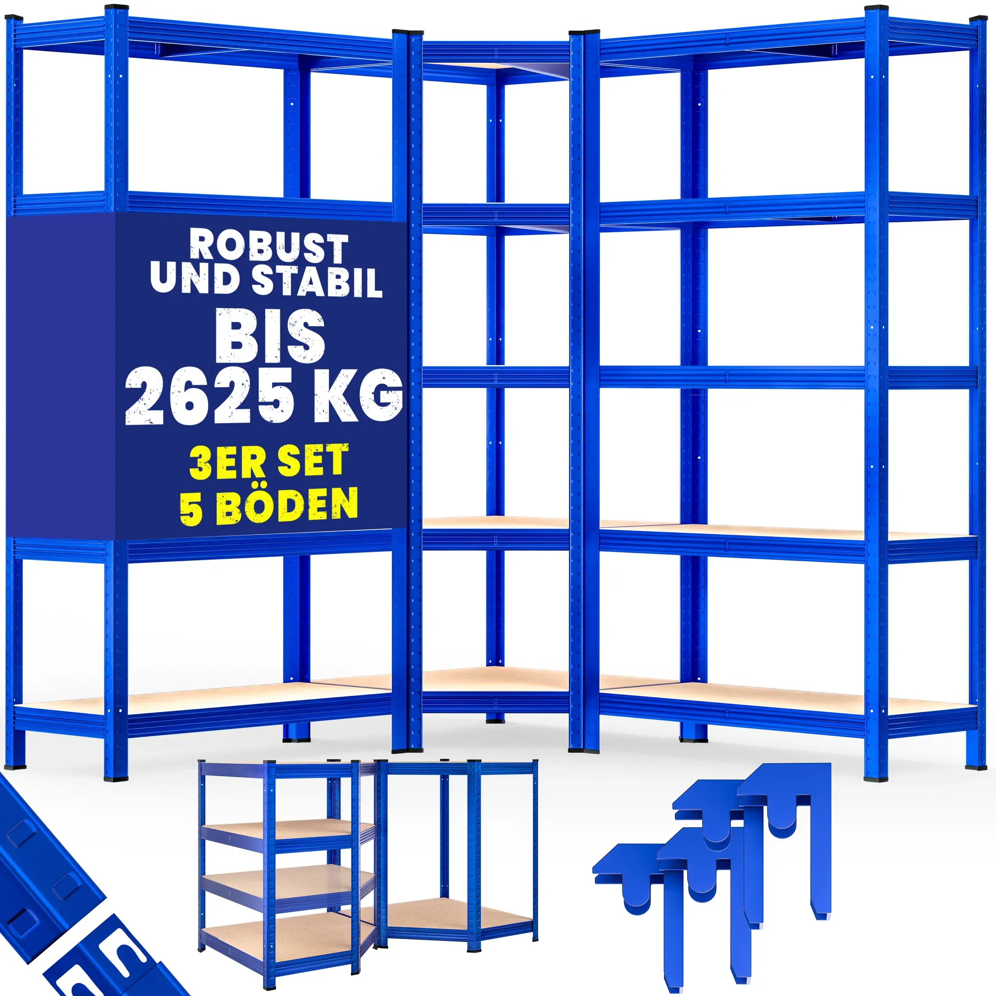 Heavy duty and corner shelving set of 3 blue 875kg each