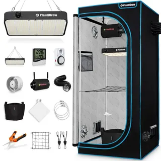 plantigrow Growbox Komplettset – Indoor Gewächshaus mit 150W LED Vollspektrum Dimmbar, Carbon-Filter, Ventilator, Anzuchtzelt, Zuchtzelt - 120x60x180