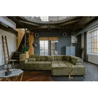 KAWOLA Sofa NEVADA Ecksofa Velvet olivgrün Recamiere rechts mit motorischem Sitzvorzug