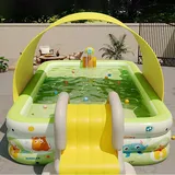 Aufblasbarer Pool für Kinder und Erwachsene 300*175cm,Aufblasbares Wasserspielzentrum Mit Sonnenschirm und Rutsche,3 Ringe Family Pool mit Luftpumpe,Dickes PVC-Material,für Garten,Outdoor